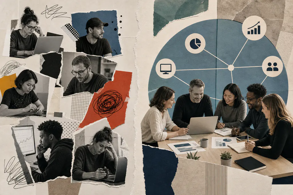 Side-by-side comparison of fragmented agency and freelancer setups versus a unified, fully managed marketing engagement.
