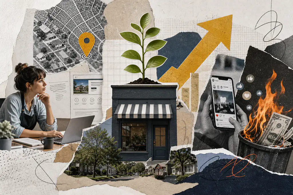 A local business storefront steadily attracting customers over time, contrasting with a switch that turns off abruptly.