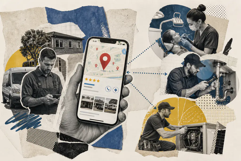 A map pin and search results highlighting local business listings as the priority channel for small business visibility.