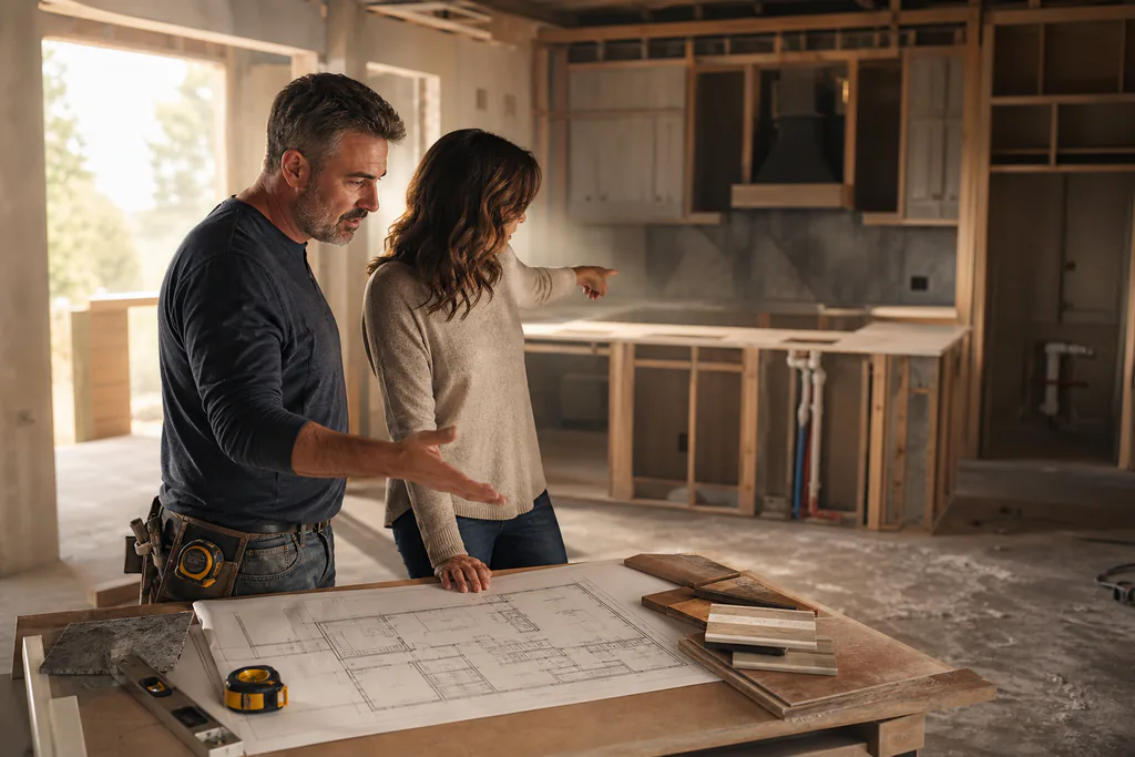 A contractor and homeowner collaborating on kitchen layout decisions before finishes are chosen, emphasizing cooking-lifestyle-first planning.