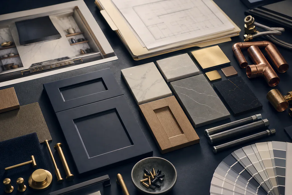 All the components of a full kitchen remodel, cabinetry, countertops, plumbing and permits, shown as interconnected phases of scope.