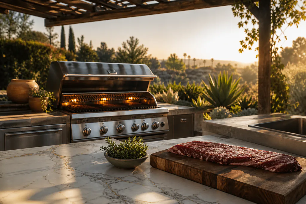 An outdoor kitchen integrated into a Los Angeles backyard, showing how the cooking lifestyle extends seamlessly beyond the interior.