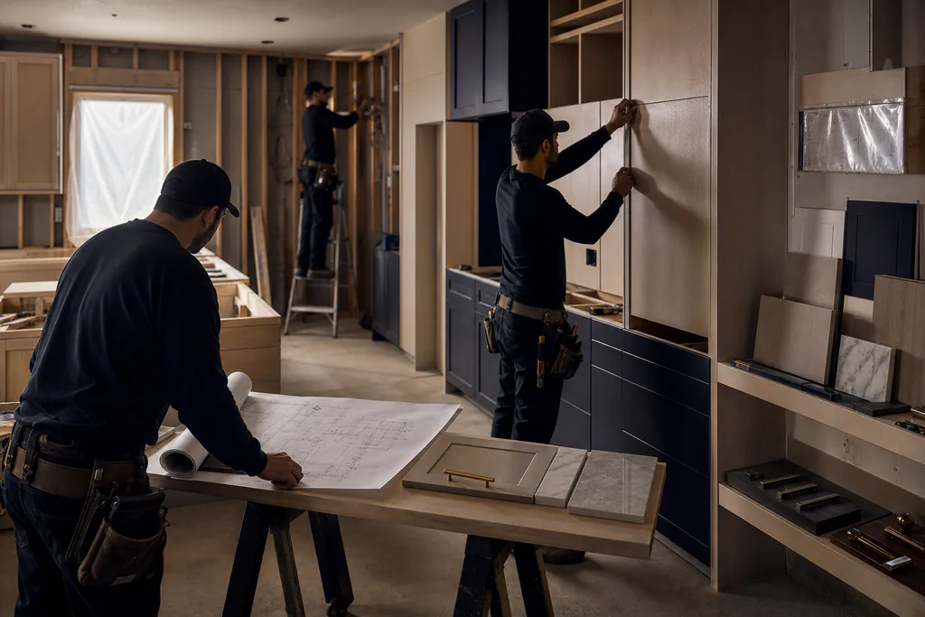 A coordinated remodeling crew working in sync across a kitchen under construction, showing the efficiency of a single design-build team.