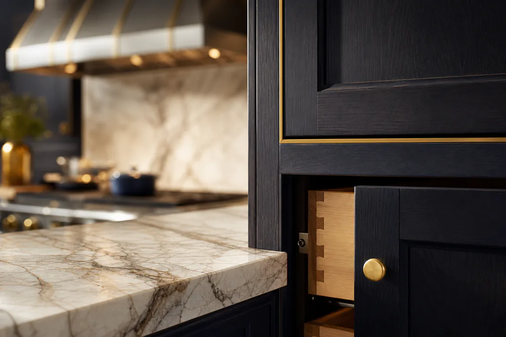 Precise fit between custom cabinetry and natural stone countertop showing the craftsmanship details that define a truly high-end kitchen.
