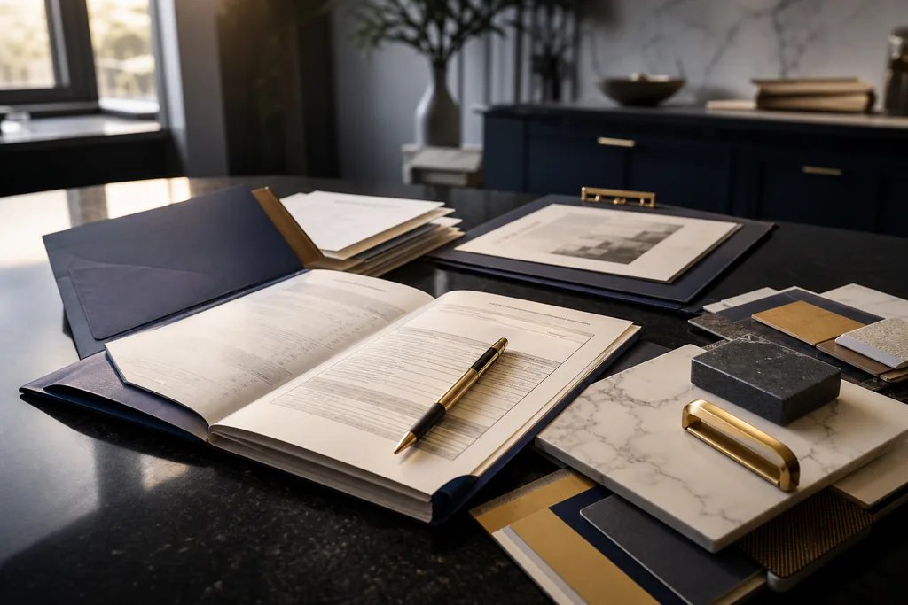 Scrutinizing a contractor's paperwork and material specs before signing a kitchen renovation agreement.