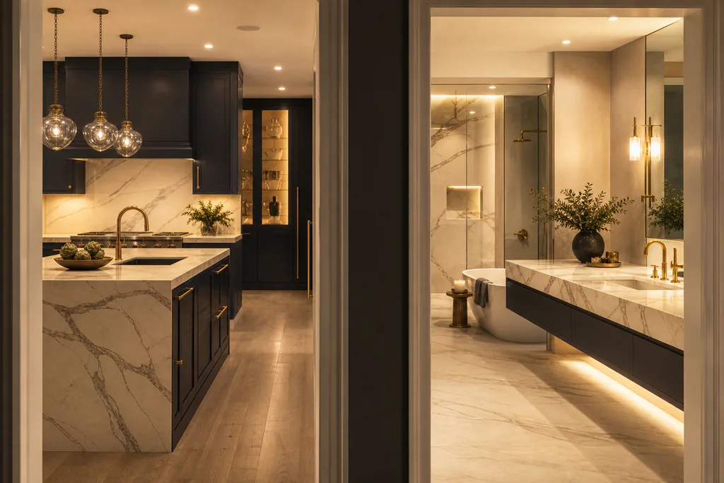 A kitchen and bathroom sharing the same marble slab, illustrating how combining both remodels under one contractor unifies materials and scope.