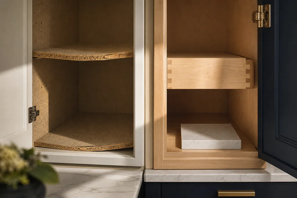 Side-by-side cabinet quality comparison illustrating how material specs drive LA kitchen remodel cost differences.
