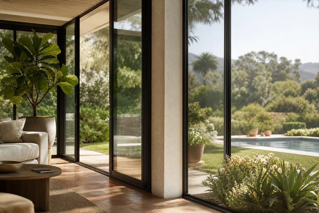 A glass-enclosed sunroom addition blurring the boundary between indoor living space and a California backyard garden.