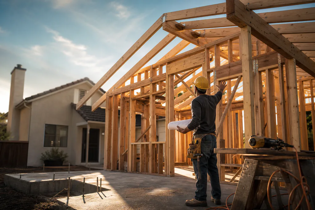 A home addition under construction showing the sequential build stages from foundation to framing, illustrating the step-by-step building process.