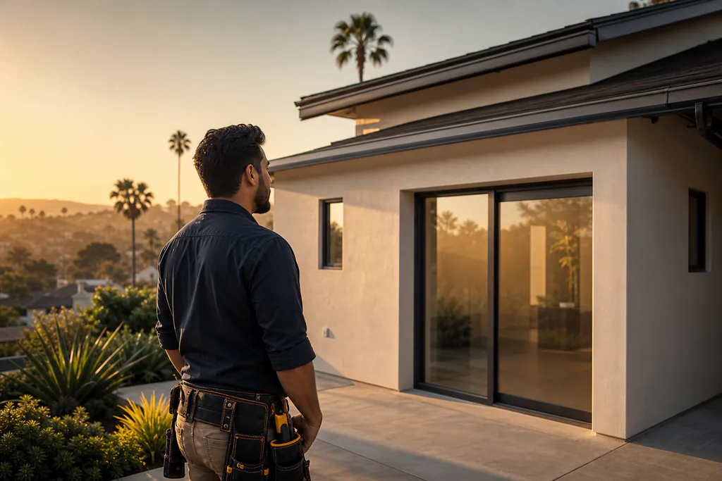 A builder stands before a finished home addition in an LA neighborhood, conveying readiness to guide homeowners through the process.