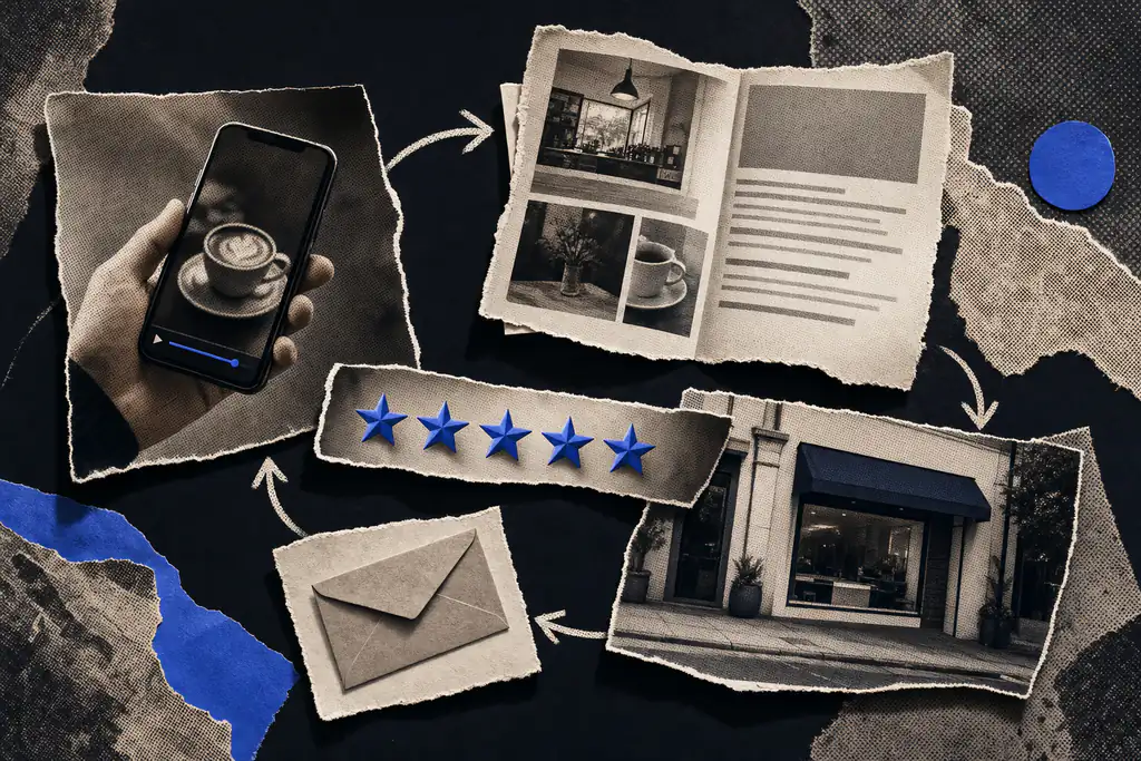 Different content formats mapped to stages of a local customer's buying journey, from discovery to decision.