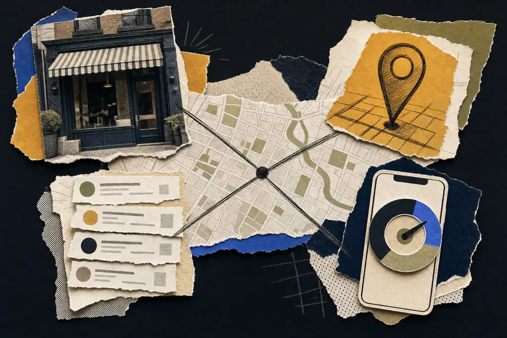 Four interconnected local search factors, business profile, directory accuracy, location-specific pages, and mobile speed, working together to drive local visibility.