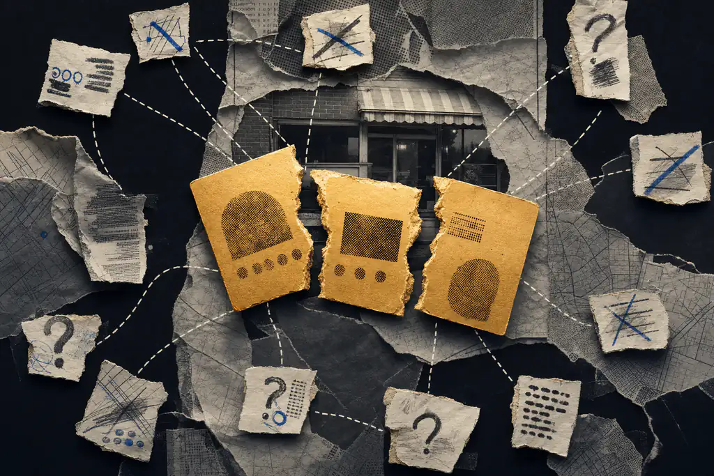 A fragmented business listing splitting into conflicting directory signals, showing how inconsistent information makes a local business invisible to search engines.