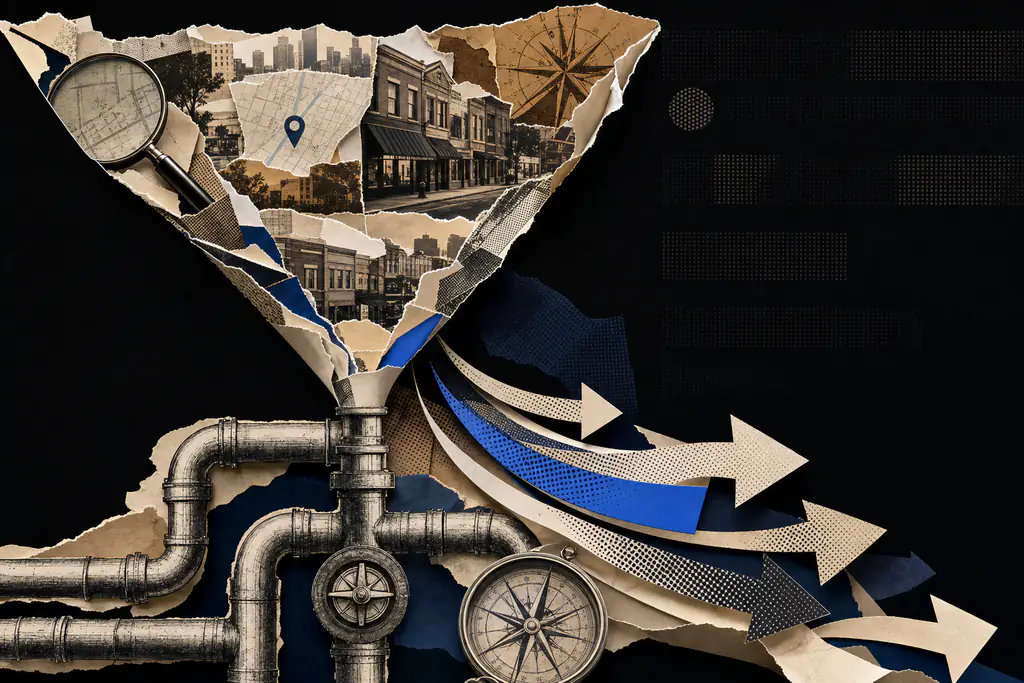 Local business discovery funneling into a forward-moving pipeline, representing how targeted SEO strategies convert search visibility into real customers.